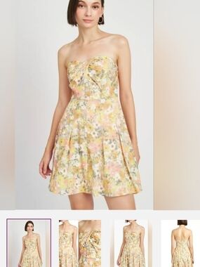 En Saison Xs Strapless Floral Twist Bodice Dress - Yellow Pink